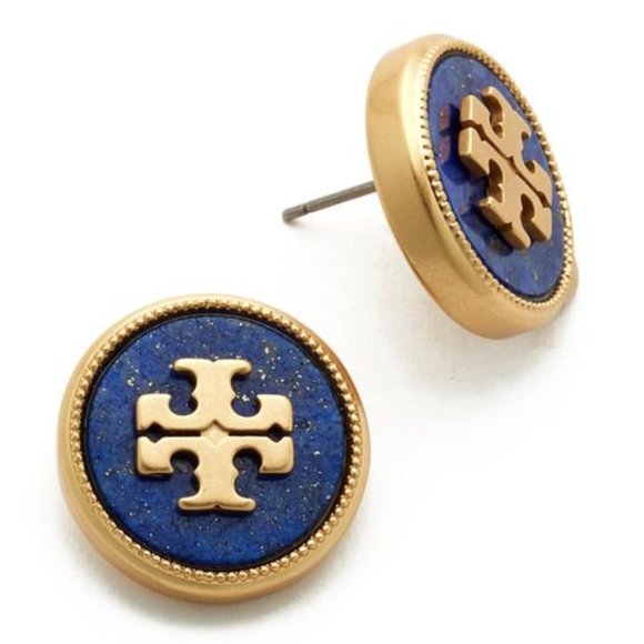 NEW Tory Burch Stud Semi-precious Lapis/Vintage Gold Earrings - Picture 5 of 9